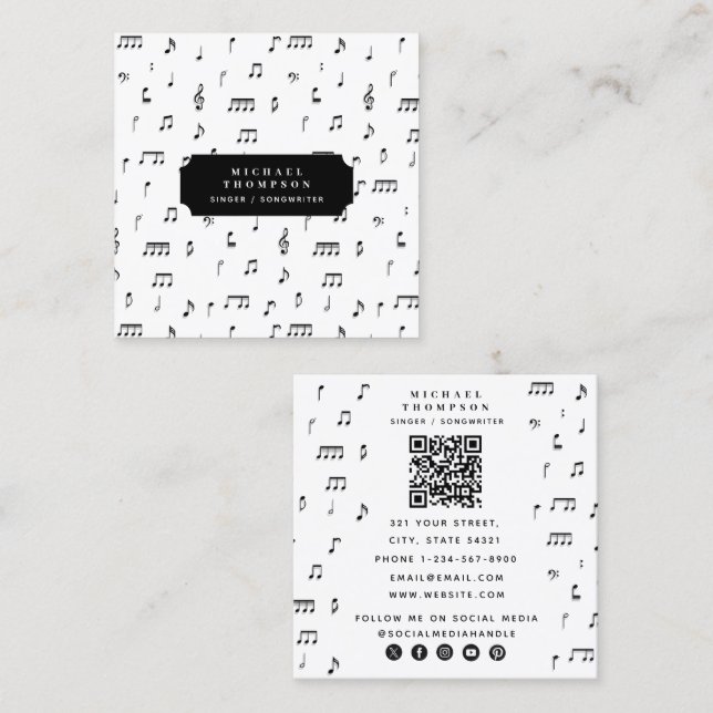 QR Code für schwarze und weiße Noten Quadratische Visitenkarte (Vorne/Hinten)