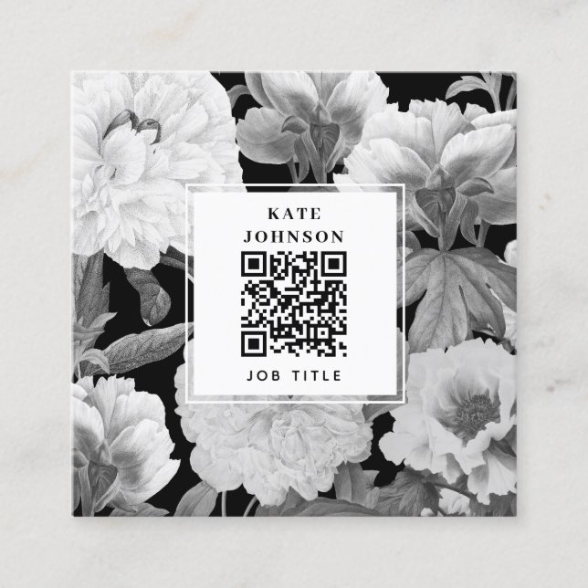 QR-Code für schwarze und weiße Peonfarben Quadratische Visitenkarte (Vorderseite)