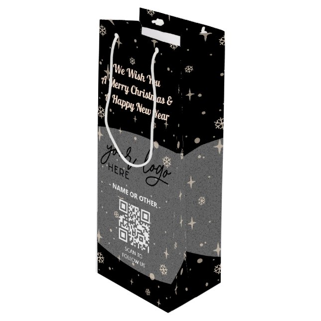 QR-Code für Schwarzes Weihnachtsgeschenk Geschenktüte Für Weinflaschen (Vorderseite Schrägansicht)