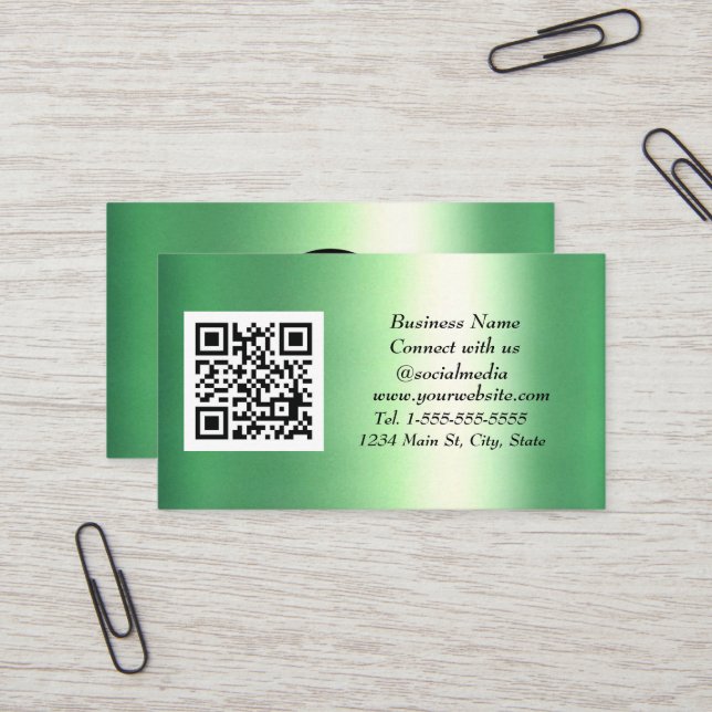 QR-Code für soziale Medien Smarald Green Metallic Visitenkarte (Vorderseite/Rückseite Beispiel)