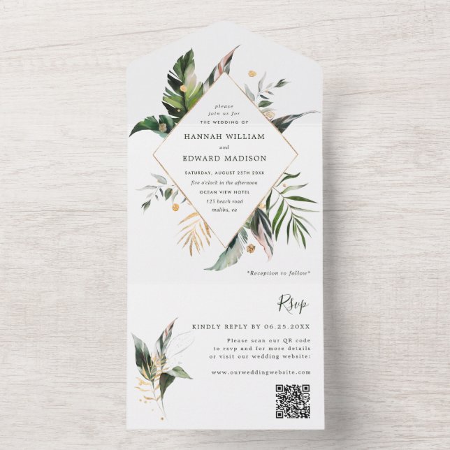 QR-Code für tropische Aquarellblätter All In One Einladung (Innen Boden)