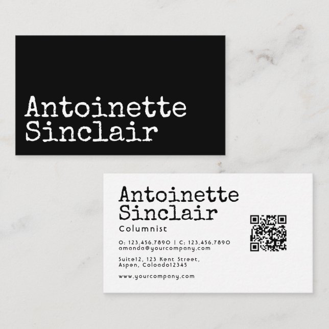 QR-Code für Typografie mit schwarzer und weißer Sc Visitenkarte (Vorne/Hinten)