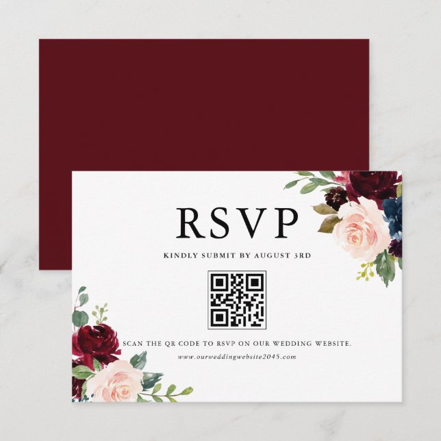 QR-Code für Wasserfarben, Burgund und Blüten RSVP Karte (Vorne/Hinten)