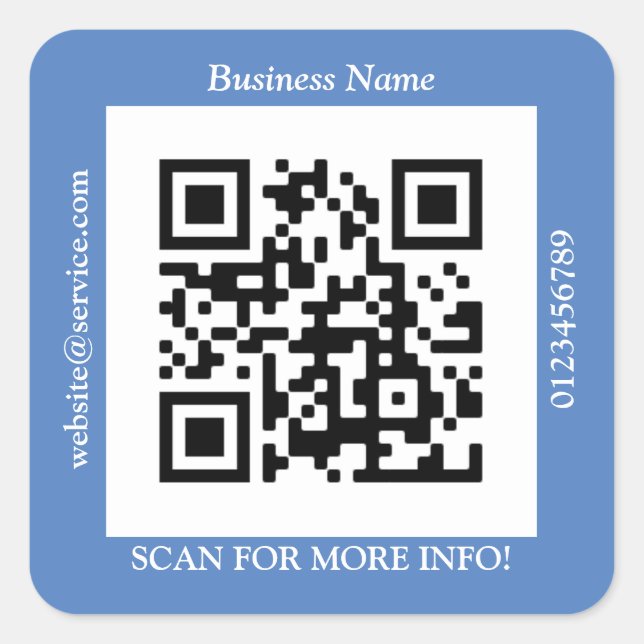 QR-Code Geschäft. Name Website Promo, Blau Quadratischer Aufkleber (Vorderseite)