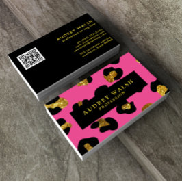 QR CODE Glam Glitzer Gold Fuchsia Leopard Print Visitenkarte