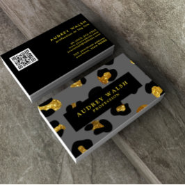 QR CODE Glam Glitzer Gold Gray Leopard Print Luxe Visitenkarte