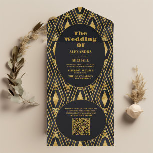 QR Code Glamour Black and Gold Art Deco Hochzeit All In One Einladung