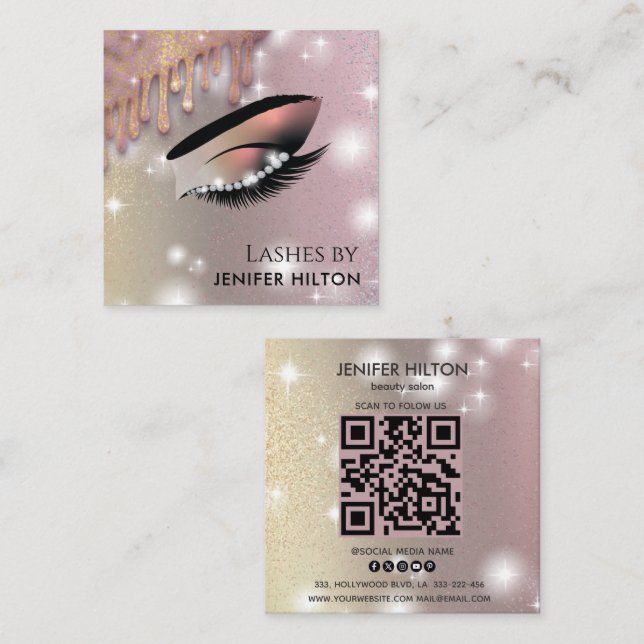 Qr-Code glittery trendy Lashes Makeup eye Quadratische Visitenkarte (Vorne/Hinten)