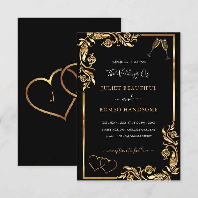 QR Code Gold Black Hearts Faire-part de mariage (Devant / Derrière)