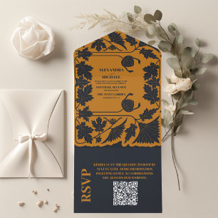 QR Code Gold Blue Art Nouveau Hochzeit All In One Einladung