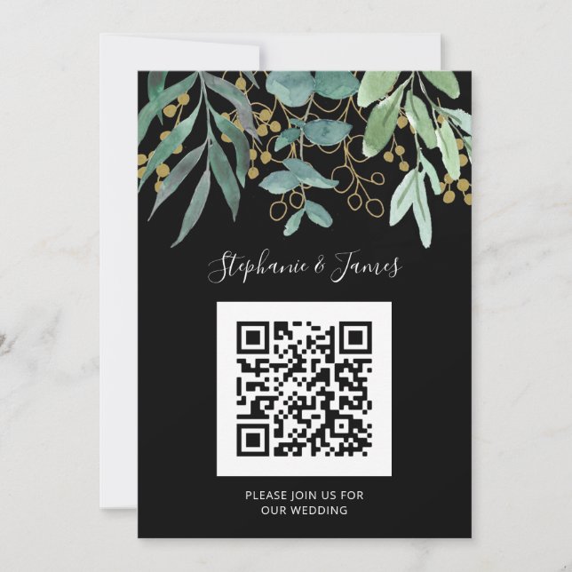 QR Code Gold Eucalyptus Faire-part de mariage noir (Devant)
