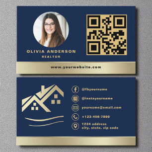 QR-Code Gold Haus Navy Blau Immobilien Makler Visitenkarte