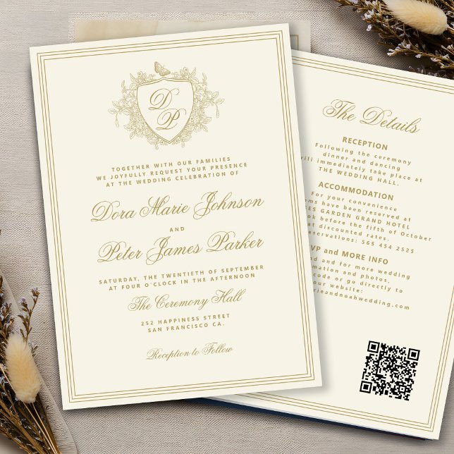 QR code gold ivory crest monogram wedding Einladung (Von Creator hochgeladen)