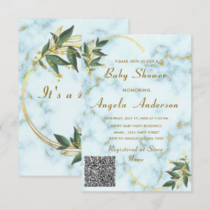 QR Code Gold Marble Baby Boy Shower Invitation
