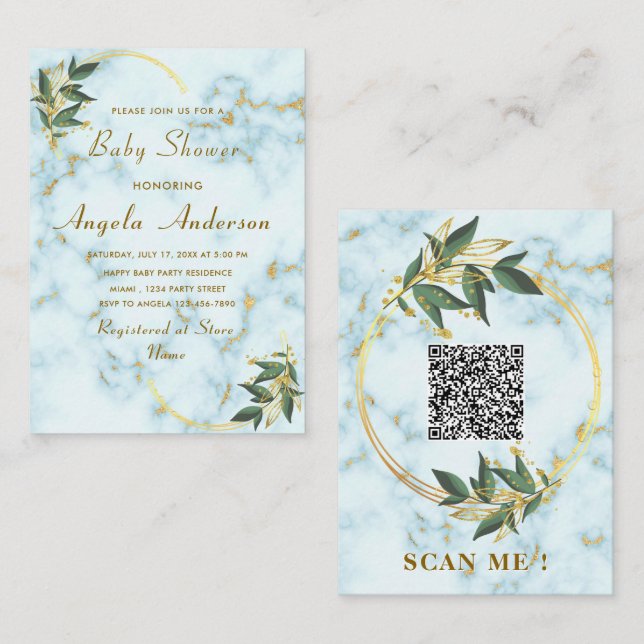 QR-Code Gold Marmor Baby Shower Einladungen (Vorne/Hinten)