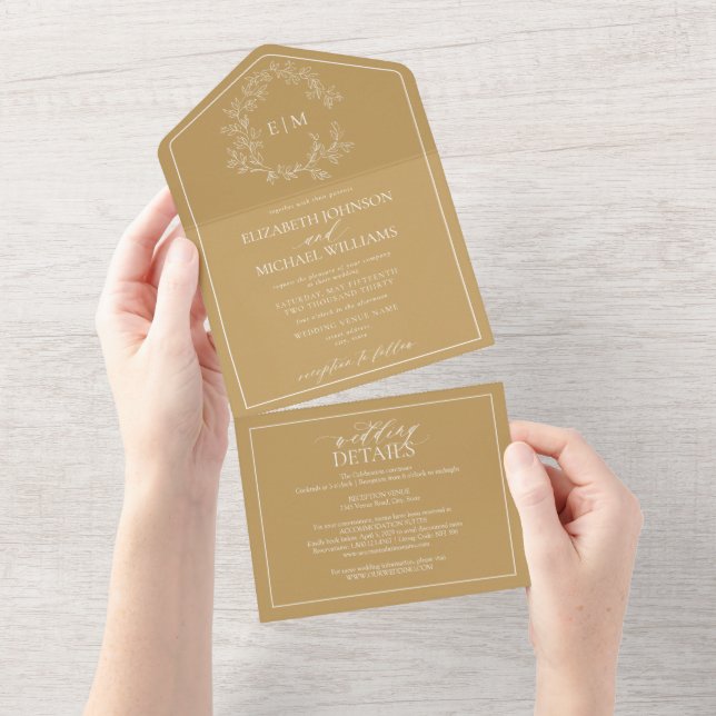 QR Code Goldleafy Wappen Monogram Wedding All In One Einladung (Abreißen)