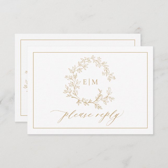 QR Code Goldleafy Wappen Monogram Wedding RSVP Karte (Vorne/Hinten)
