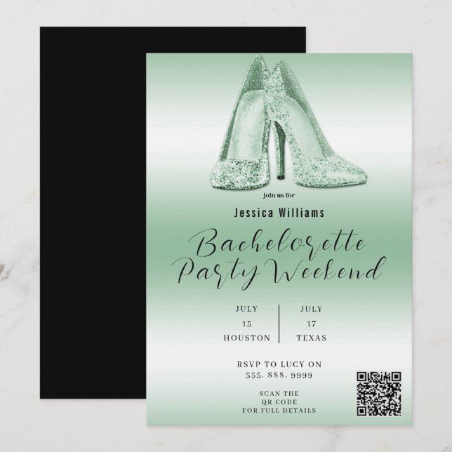 QR CODE Green Glitzer Shoes Bachelorette Einladung (Vorne/Hinten)