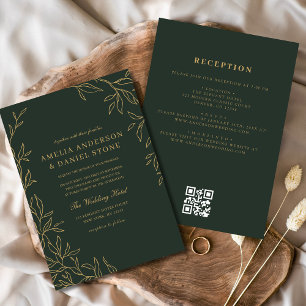 QR Code Green Gold Minimal Leaf Hochzeit Einladung