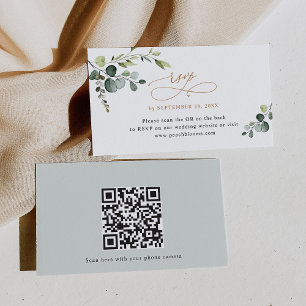 QR Code Greenery Gold Wedding RSVP Cards Visitenkarte