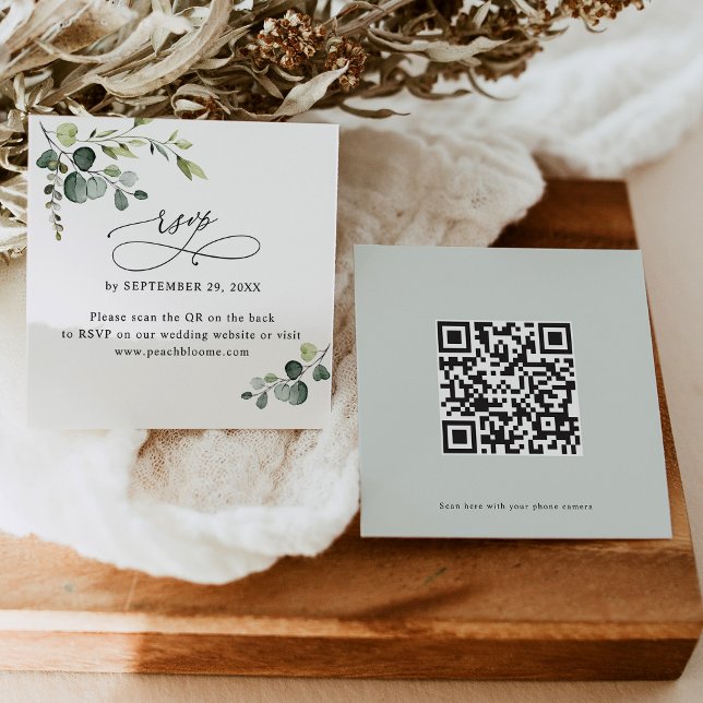 QR Code Greenery Wedding Online RSVP Cards Quadratische Visitenkarte (Von Creator hochgeladen)