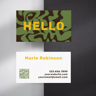 QR Code Groovy Gold Brown Army Green Squiggles Visitenkarte