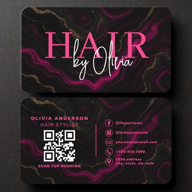 QR Code Haar Stylist Black Hot Pink Agate Marble Visitenkarte (Von Creator hochgeladen)