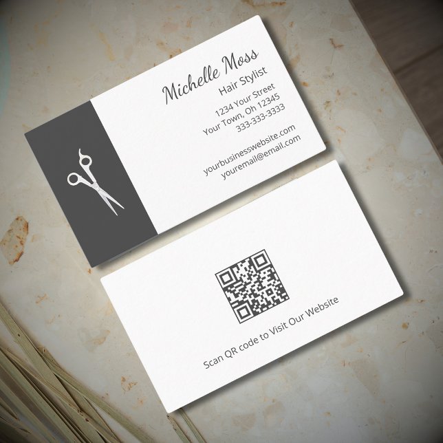 QR Code Haare Stylist Einfache Scheren Grau Weiß Visitenkarte (Von Creator hochgeladen)