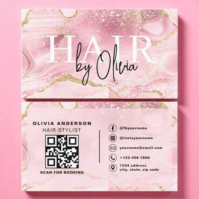 QR Code Haare Stylist Modern Agate Marble Visitenkarte (Von Creator hochgeladen)