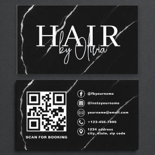 QR Code Haare Stylist Silver Black Marble Visitenkarte