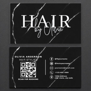 QR Code Haare Stylist Silver Black Marble Visitenkarte