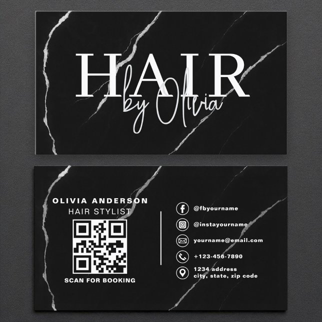 QR Code Haare Stylist Silver Black Marble Visitenkarte (Von Creator hochgeladen)