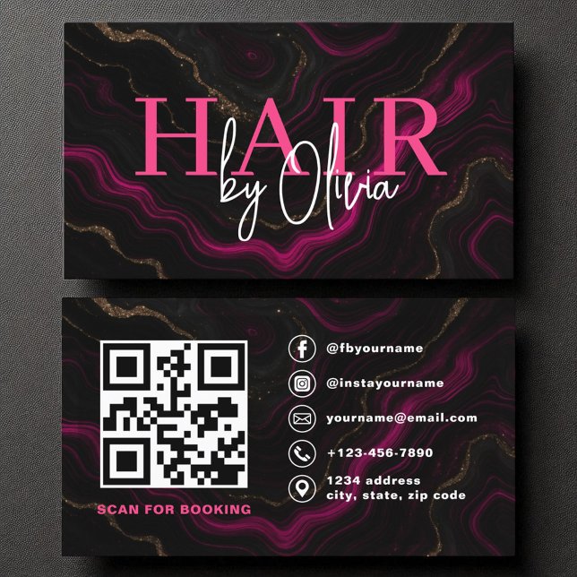 QR Code Hair Stylist Agate Hot Pink Black Visitenkarte (Von Creator hochgeladen)