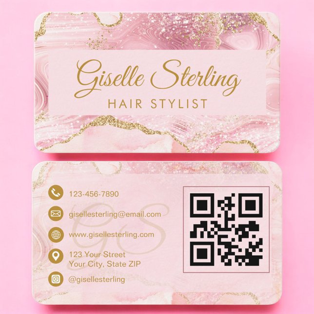 QR Code Hair Stylist Blush Pink Gold Agate  Visitenkarte (Von Creator hochgeladen)