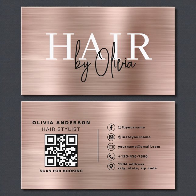 QR Code Hair Stylist Rose Gold Imitats Metallisch Visitenkarte (Von Creator hochgeladen)