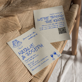 QR Code Hand Drawn Blue Cake Bows Unique Wedding Einladung