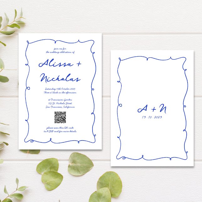 QR Code Hand Drawn Bright Blue Monogram Wedding Einladung (Von Creator hochgeladen)