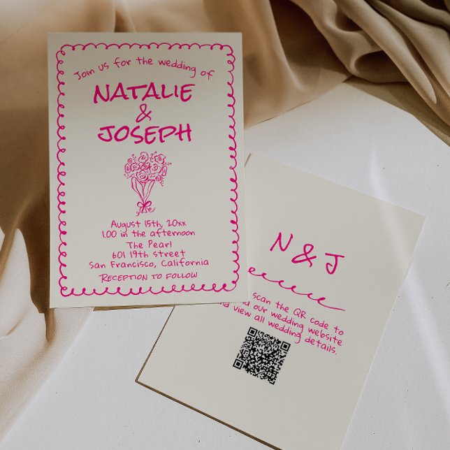 QR Code Hand Drawn Vivid Pink Retro Funky Wedding Einladung (Von Creator hochgeladen)