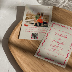 QR-Code Handgeschriebene Farbige Retro-Foto-Hochze Einladung