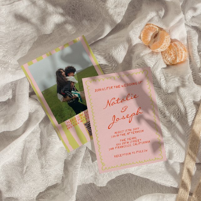 QR Code Handgeschriebene Pinstripes Foto Hochzeit Einladung (Von Creator hochgeladen)