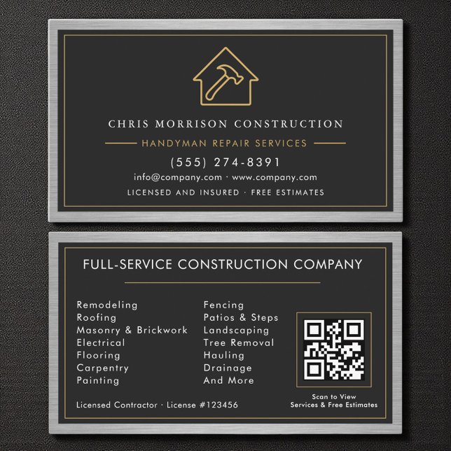 QR Code Handyman Metal Construction Black Gold  Visitenkarte (Von Creator hochgeladen)
