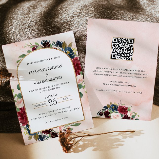 QR-Code-Hochzeit des burgundy Navy-Floral-Arch-Fra Einladung (Von Creator hochgeladen)