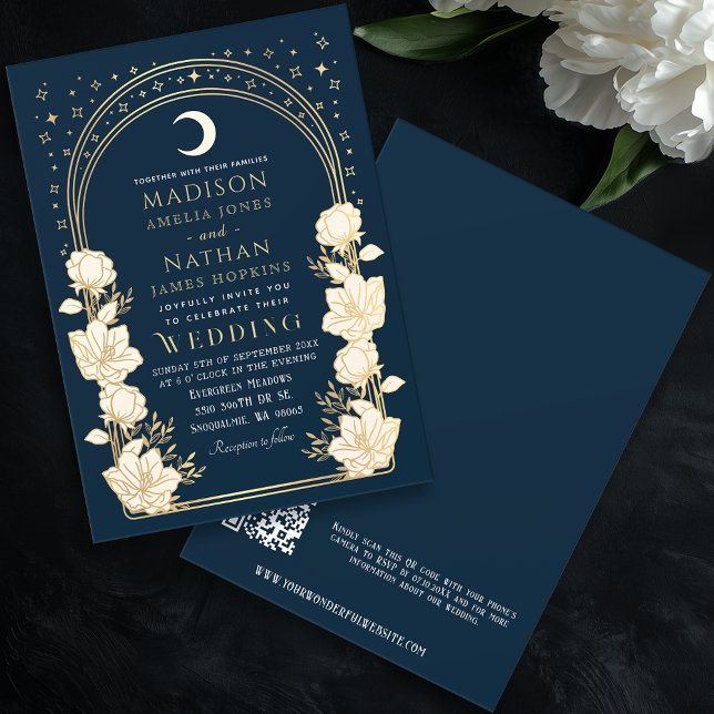QR-Code Hochzeit des Navy Celestial Arch Art Nouve Einladung (Von Creator hochgeladen)
