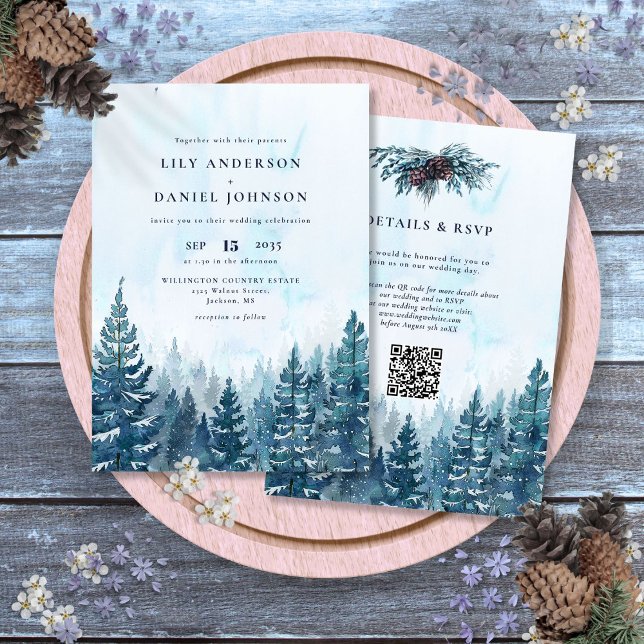 QR-Code Hochzeit des Pinienwaldes im Winter Einladung (Winter Watercolor Pine Tree Forest QR Code Wedding Invitation)