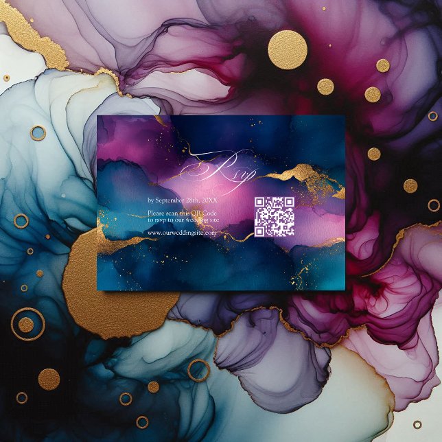 QR-Code Hochzeit für lila, blaue und goldene Alkoh RSVP Karte (Purple, Blue, and Gold Alcohol Ink QR Code Wedding RSVP Card)