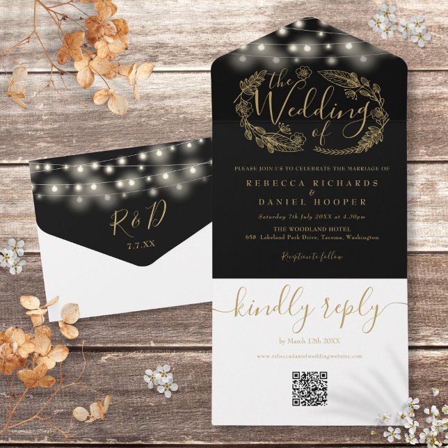 QR-Code-Hochzeit mit schwarzen und goldenen String All In One Einladung (Black And Gold String Lights QR Code Wedding All In One Invitation)