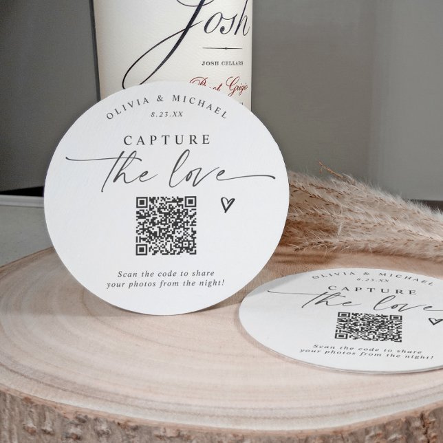 QR-Code-Hochzeit Moderne Elegante Foto-Sharing Runder Pappuntersetzer (QR code wedding coasters for photo sharing - capture the love - elegant handwriting)