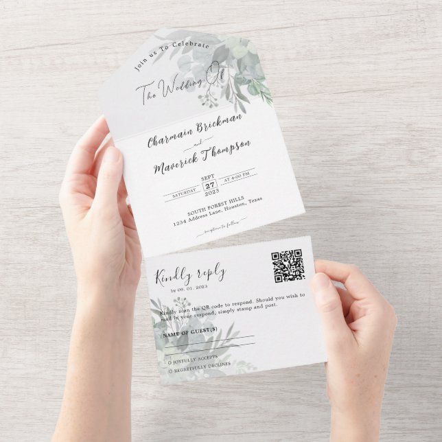 QR Code Hochzeit von botanischen Grünpflanzen All In One Einladung (Abreißen)
