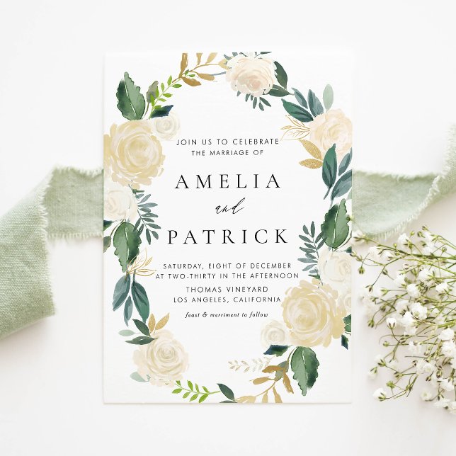 QR-Code Hochzeit von Romantischer Mute-Creme Einladung (Romantic QR code wedding invitation with ivory floral wreath, greenery, and faux gold foil accents.)