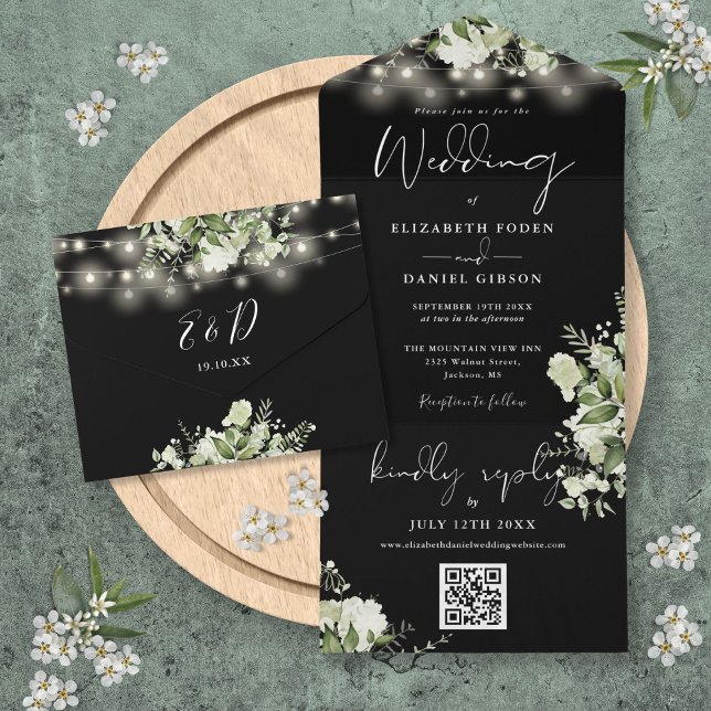 QR-Code Hochzeitscodierung für Schwarz-Weiß-Blumen All In One Einladung (Black And White Floral Lights QR Code Wedding All In One Invitation)